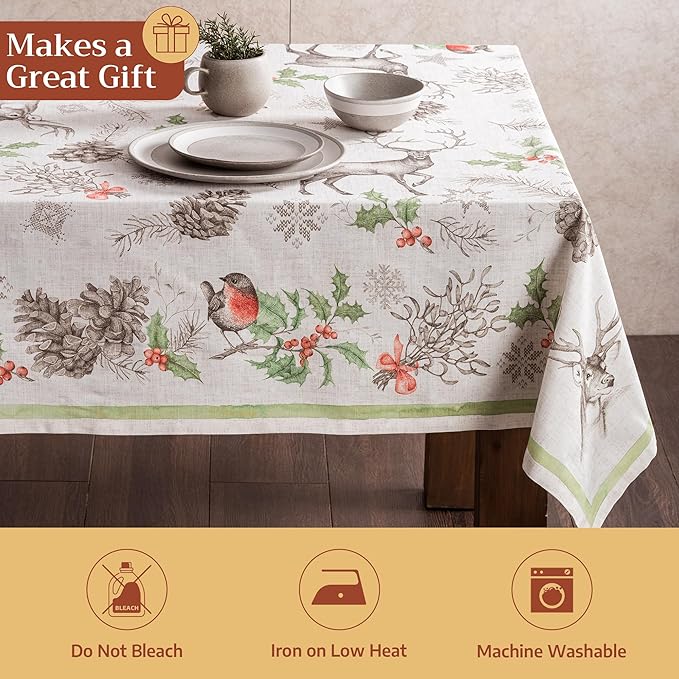 Maison d' Hermine Table Cloth Rectangle Table 100% Cotton 54 x 72 Inches Fall Tablecloth Reusable Everyday Use for Thanksgiving Christmas Decorations Dining Farmhouse Party (Christmas Dew)