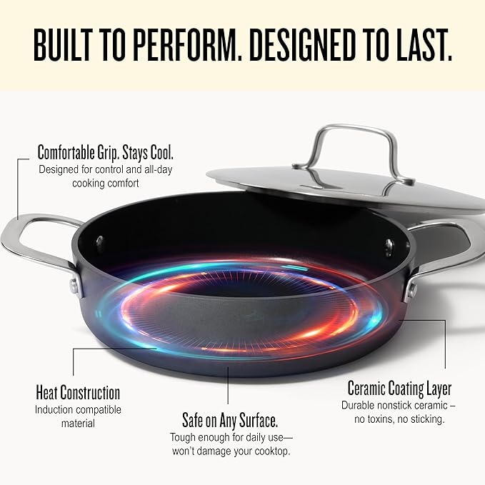 Alva Maestro Nonstick Ceramic Saute Pan with Lid 3.5Qt. - Oven Safe and Made without PFAS, PFOA & PTFE - Induction and All Stovetop Compatible with Even Heat Distribution