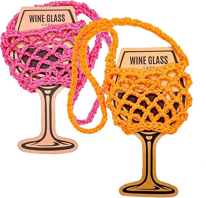2 Pack Crochet Wine Glass Lanyard Holder for Wine Festival Lovers Gifts (Hot Pink-Orange)