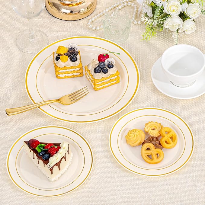 I00000 200 Pcs Gold and Ivory Plastic Plates, Ivory Disposable Party Plates Include 100 Dinner Plate 10’’ and 100 Plastic Dessert Plate 7’’ Perfect for Birthday, Party & Wedding