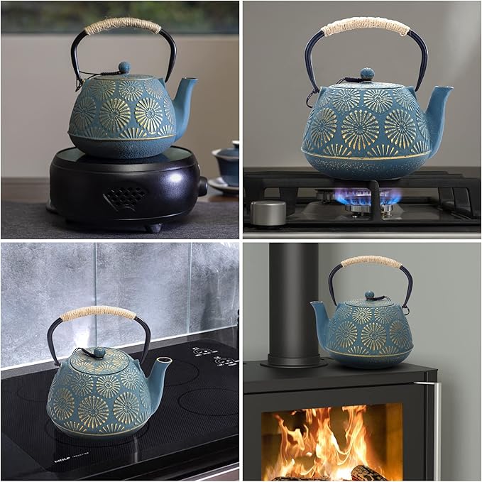Cast Iron Teapot, 40oz Tea Kettle with Infuser for Stove Top, Sakura Design Japanese Tea Pot for Loose Leaf Coated with Enameled Interior, 1200ml Green