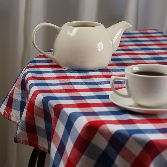 Urban Villa Tablecloth Check Table Cloth Tabletop Cover Kitchen Dining Tablecloth 100% Cotton Great for Parties Wedding Holiday Dinner Red/Blue/White Round 70 Inches 4-6 Seats Table Cloth