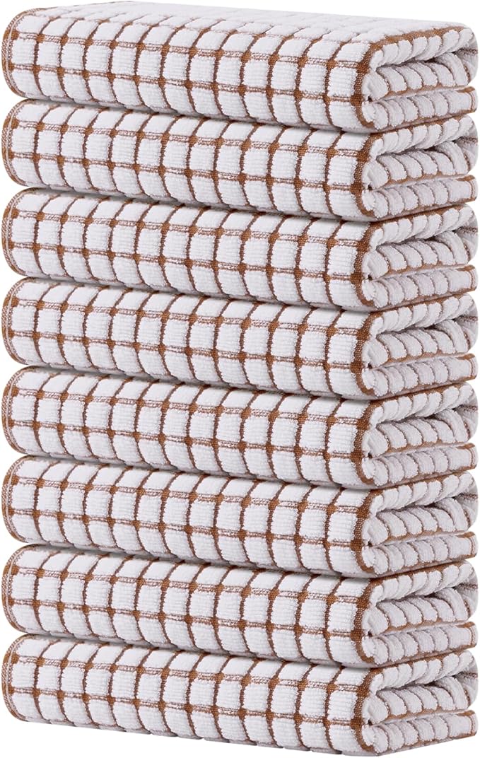 Kitinjoy Cotton 8 Pack Terry Kitchen Towels, 16 x 25 Inches Super Soft and Absorbent Dish Towels, Quick Drying Hand Towels for Kitchen Drying, Brown