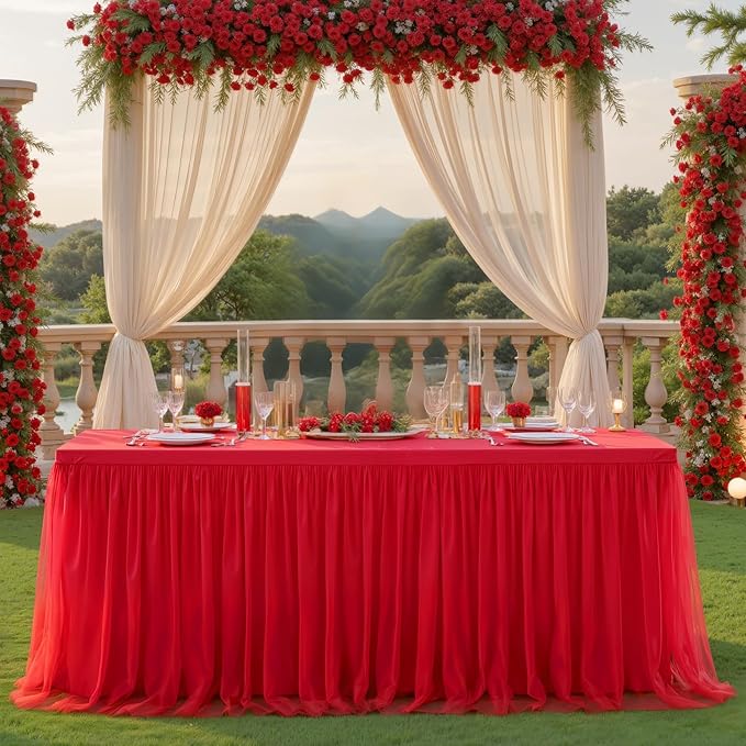 Suppromo Red Tulle Tablecloth for 8 Foot Rectangular Table 8ft Red able Cloths Rectangle Wrinkle Free Table Cover with Tutu Skirt for Wedding Birthday Party Baby Shower Banquet Buffet Cake Event