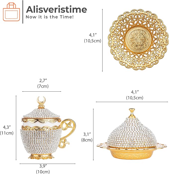 Alisveristime 27 Pc Ottoman Turkish Greek Arabic Coffee Espresso Serving Cup Saucer Crystal Set (Gelincik) - Handcrafted Traditional Set with Hilal Motifs (Gold)