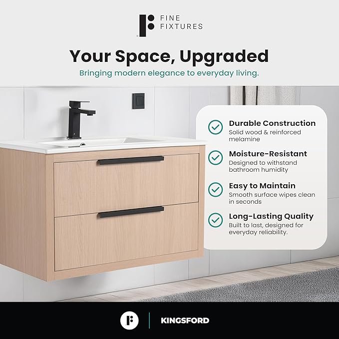 Fine Fixtures Kingsford Modern 30 Inch Bathroom Vanity with Sink, White Oak Finish, Elegant Bathroom Vanities for Modern Homes, Stylish Storage Solutions for Bathrooms