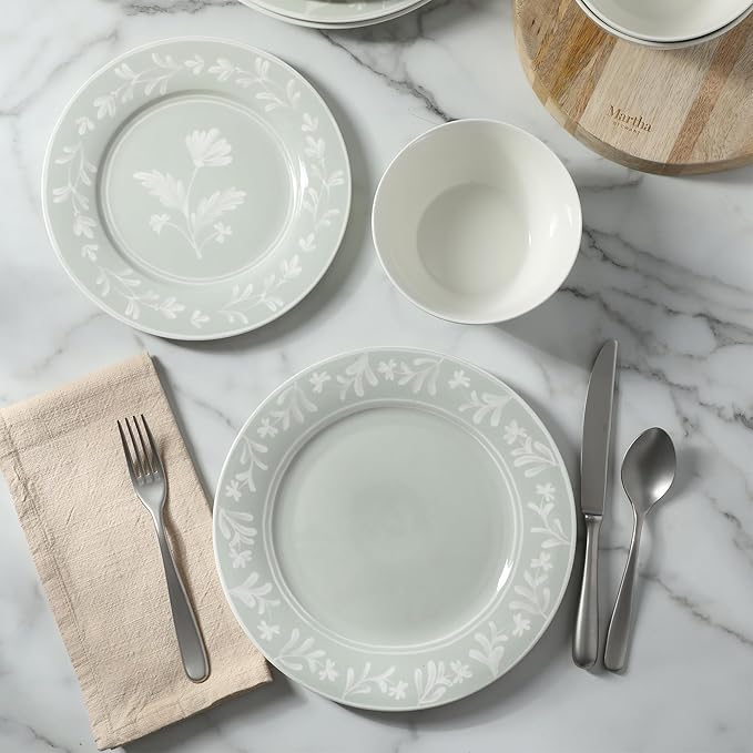 Martha Stewart Maiden Crown 12-Piece Sage Green Dinnerware Set – New Bone China Ceramic Plates & Bowls – Floral Design – Service for 4 – Microwave & Dishwasher Safe