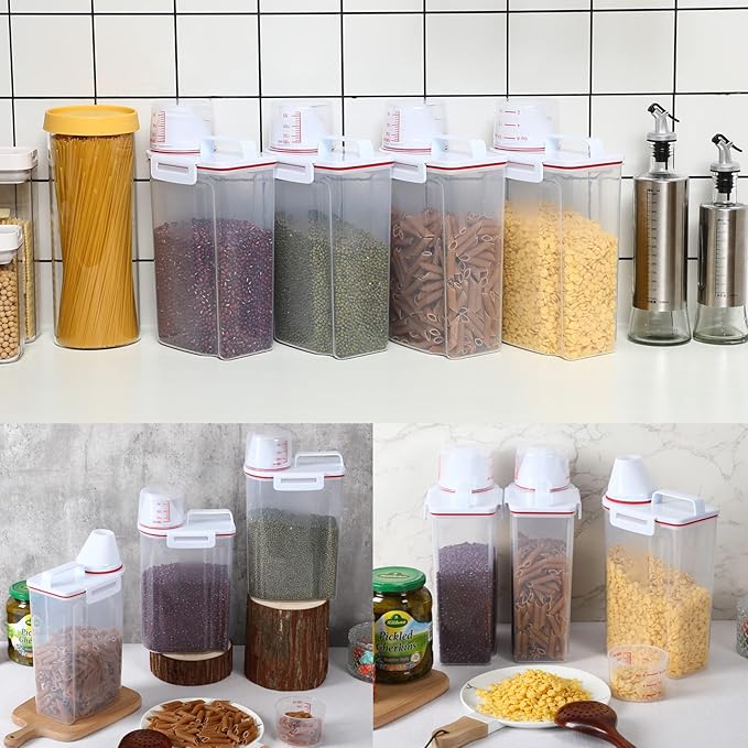 Rice Storage Bin 4 Pcs Cereal Containers Dispenser with Measuring Cup Plastic Storage Containers with Lids Kitchen Storage Bin Rice Holder Container Food Container Sets for Flour Cereal, 2.5 L (Red)