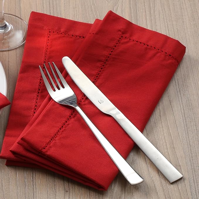 Lightnpro Hemstitched Cotton Napkins Set of 12 - Dinner Napkins, Washable Fabric Table Linens, Holiday, Christmas & Special Occasion Napkins, Elegant Cloth Napkins for Dining - 18x18 Inch Red