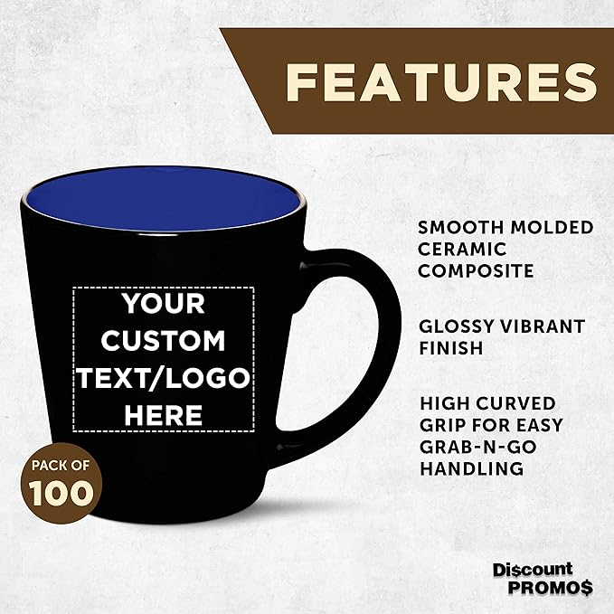 Custom Ceramic Coffee Latte Mugs 12 oz. Set of 100, Personalized Bulk Pack - Perfect for Coffee, Tea, Espresso, Hot Cocoa, Other Beverages - Royal Blue