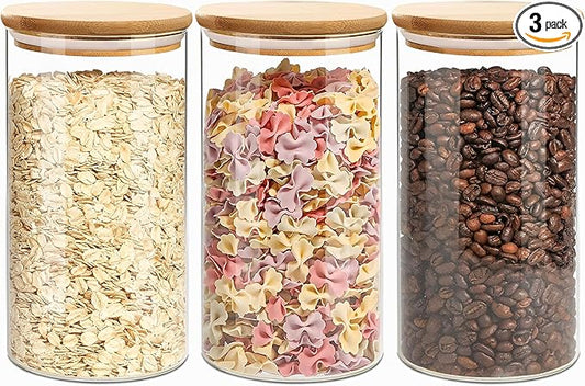 1.5 Qt Round Glass Storage Containers with Lids, Clear Food Storage Container Jar with Sealing Bamboo Lid for Noodles Flour Cereal Rice Sugar Tea Coffee Beans（Round-3Pack ）
