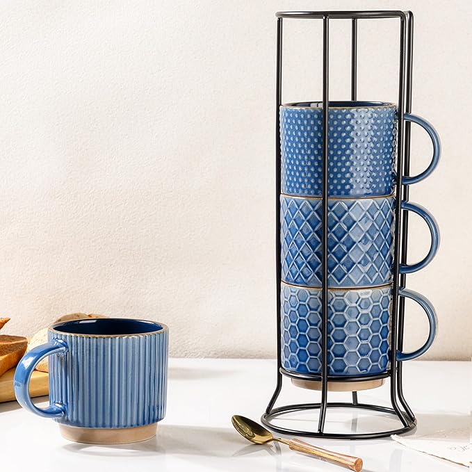 GBhome 12OZ Stackable Coffee Mugs with Stand, Ceramic Coffee Mugs with Texture Patterns for Man,Woman,Dad,Mom, Modern Coffee Cups Set of 4 for Latte/Cappuccino/Cocoa. Dishwasher&Microwave Safe, Blue