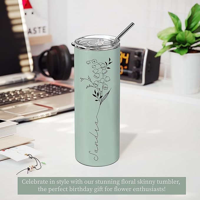 Birthday Gifts For Women, Personalized Skinny Tumblers with Birth Flower I 10 Colors - 20 Oz I Gifts for Women, BPA Free Tumbler Customized with Name