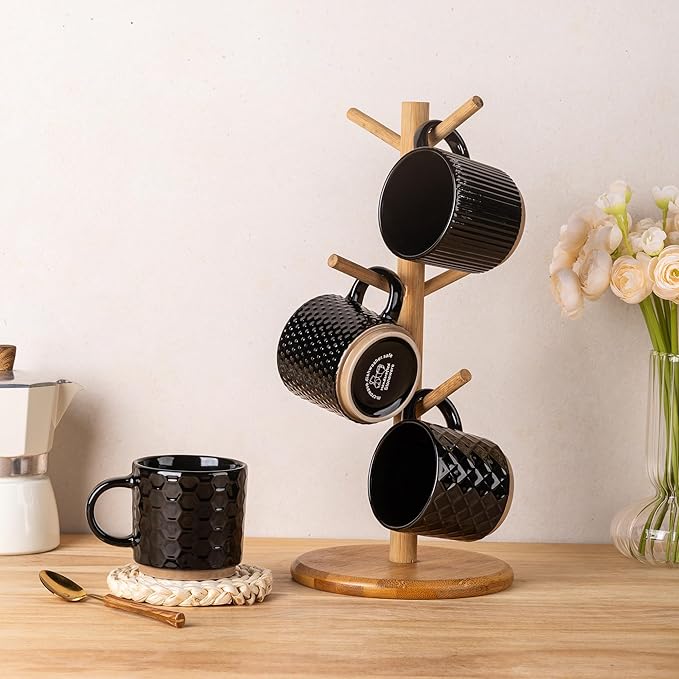 GBhome 8OZ Stackable Coffee Mugs, Ceramic Coffee Mugs with Texture Patterns for Man,Woman,Dad,Mom, Modern Coffee Cups Set of 4 for Espresso/Cappuccino/Cocoa. Dishwasher&Microwave Safe, Black