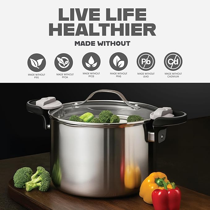 GOTHAM STEEL 8 Qt Stainless Steel Stock Pot Multipurpose Pasta Pot with Strainer Lid & Twist and Lock Handles, for Soup, Spaghetti, Rice, Induction Ready, Dishwasher Safe