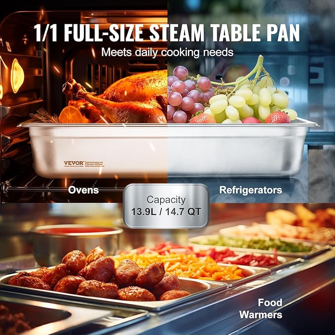 VEVOR Hotel Pan, Full Size Anti-Jam Steam Pans, 0.8mm Thick Stainless Steel 4-Inch Deep Commercial Table Pan, Catering Storage Food Pans, for Industrial & Scientific