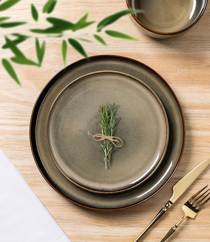 TheTerra Ceramic Dinnerware Sets for 6, 18 Pieces Handmade Reactive Glaze Plates and Bowls Set, Scratch Resistant Dish Set, Oven & Microwave & Dishwasher Safe, Coca Mocha