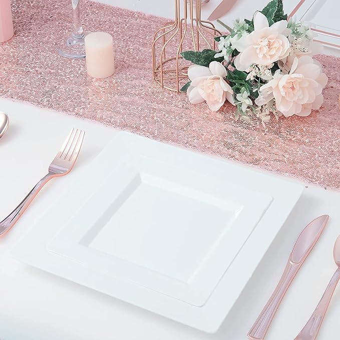 Disposable Square Plastic Plates - 100 Pack - 50 x 9.5 Dinner and 50 x 6.5 Salad Combo Plate - Premium Heavy Duty - Fancy and perfect for a Party, Wedding, or Birthday