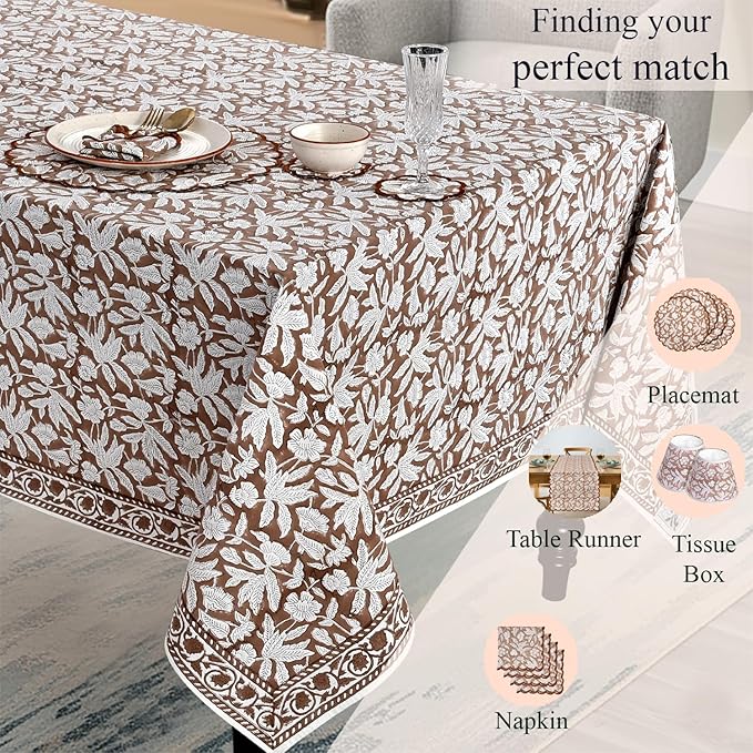 Ridhi Hand Block Print Oak Brown Rectangle Cotton Tablecloth 120" x 80" Reusable Table Cover Decorative Everyday Use for Dining, Farmhouse, Home Gift for Spring, Easter, Valentine