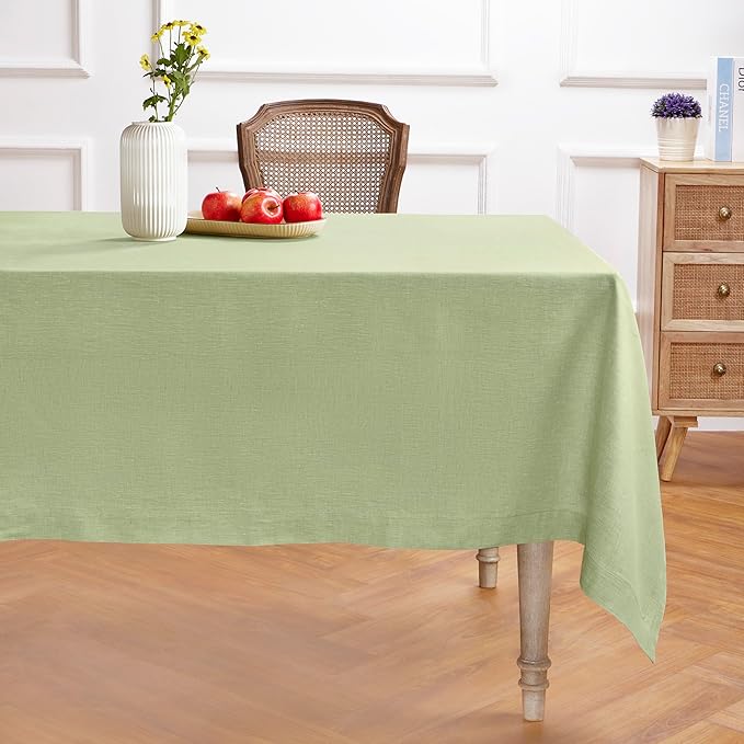 Solino Home Linen Tablecloth 60 x 132 Inch - 100% Pure Linen Chambray Olive Table Cloth for Rectangular Tables - Athena, Machine Washable Cloth Tablecloth for Spring, St Patricks Day