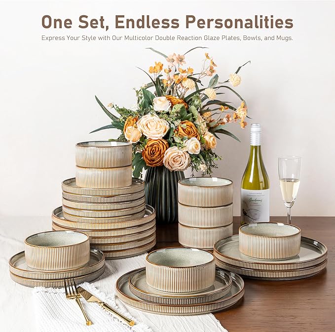 GBHOME 24-Piece Stoneware Dinnerware Set for 8 – Ribbed Ceramic Plates and Bowls, Scratch-Resistant, Microwave & Dishwasher Safe, Reactive Glaze, Mist Green