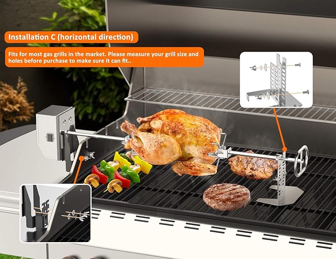 only fire Stainless Steel Rotisserie Kit Grilling Accessories with 6 Watt 110V Electric Motor for Gas Grills - 28 × 0.35 Inch Hexagon Spit Rod