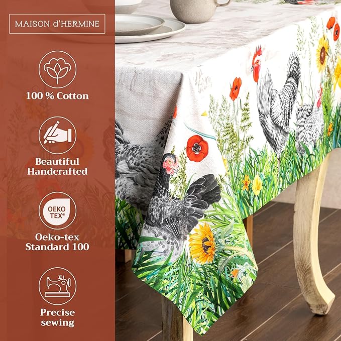 Maison d' Hermine Table Cloth Rectangle Table 100% Cotton 70 x 90 Inches Tablecloth Reusable Decorative for Dining Room Farmhouse Home Valentines Day Decorations Spring Summer - Basse Cour