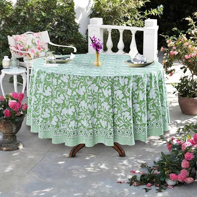 Ridhi Block Print Round Sage Green Reusable Tablecloth 100% Cotton 110" Inch Decorative Table Cover eveyday Dining, Home, Party, Wedding, Farmhouse Gift for Spring, Easter, Valentine