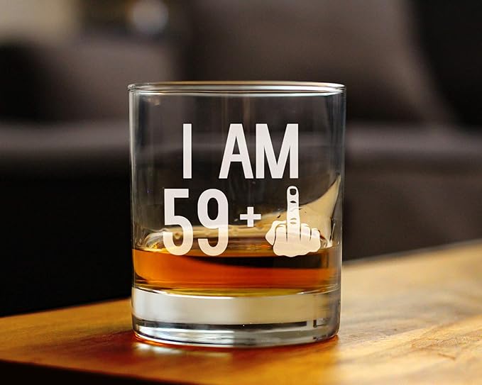 Bevvee 59 + 1 Middle Finger - Funny 60th Birthday Whiskey Rocks Glass Gifts for Men & Women Turning 60 - Fun Whisky Drinking Tumbler