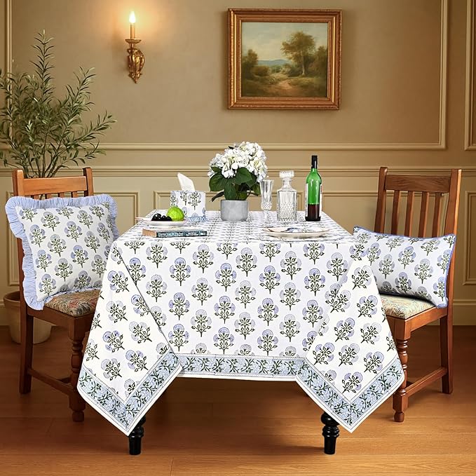 Ridhi Hand Block Print Mughal Buta Blue Rectangle Cotton Tablecloth 90" x 60" Reusable Table Cover Decorative Everyday Use for Dining, Farmhouse, Home Gift for Spring, Easter, Valentine