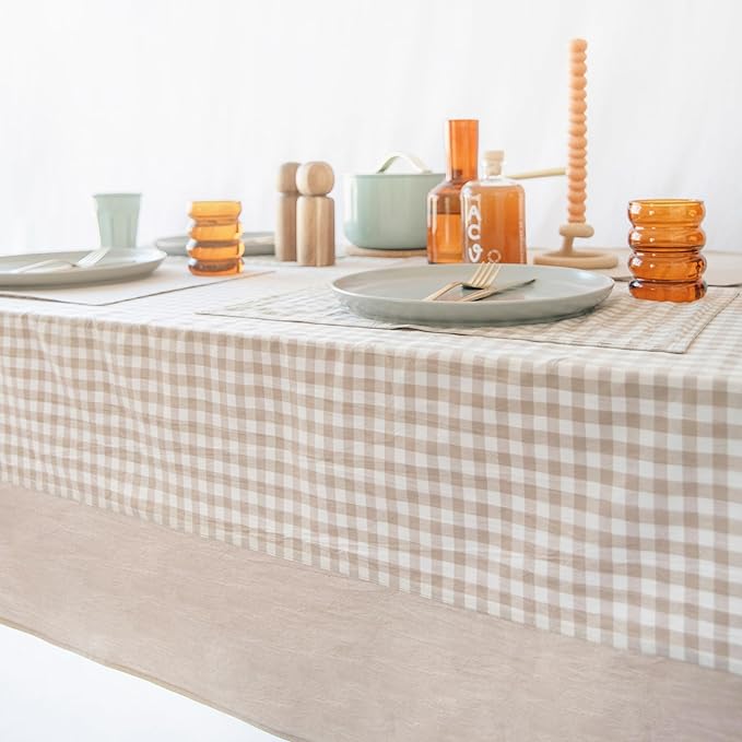 MONDAY MOOSE Gingham Checkered Farmhouse Rustic Picnic Style Decoration Rectangle Natural Stonewashed Cotton Tablecloth for Kitchen, Dining Room, Restaurant (60x120 inch, Beige)