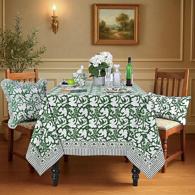 Ridhi Hand Block Print Pantone Artichoke Rectangle Cotton Tablecloth 118" x 70" Reusable Table Cover Decorative Everyday Use for Dining, Farmhouse, Home Gift for Spring, Easter, Valentine