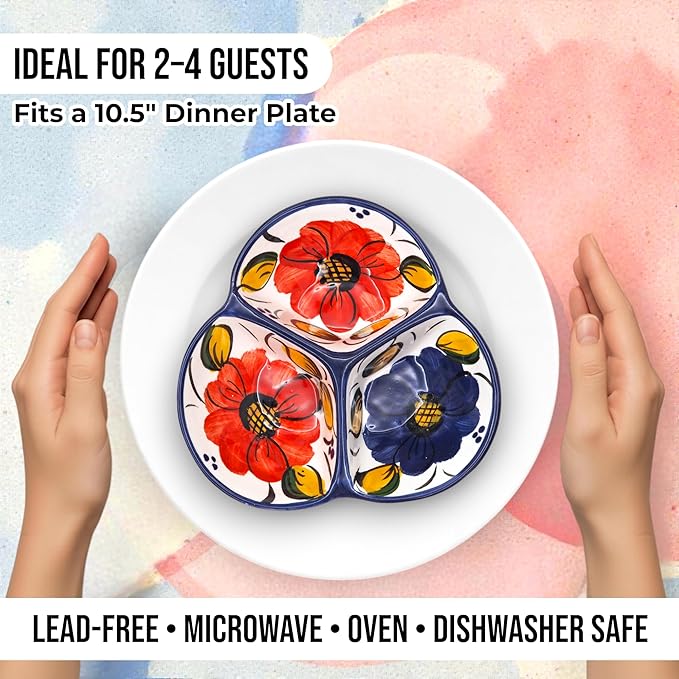 Ceramic Chip & Dip Bowl 7.5”, 3-Compartment Divided Serving Dish & Condiment Tray for Appetizers – Handmade in Spain, Lead-Free Glaze, Microwave, Oven & Dishwasher Safe