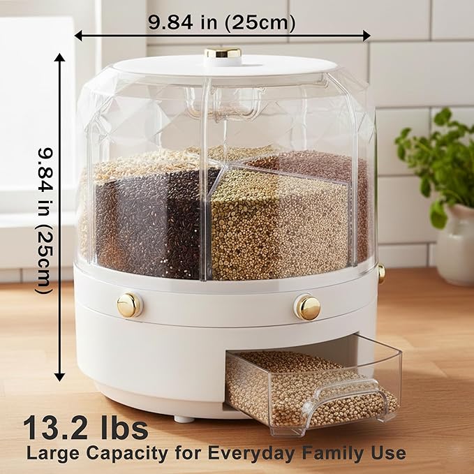 6-Compartment Rotating Grain Dispenser for Kitchen Pantry, One-Press Dry Food Storage Container for Rice, Beans, Oats, Cereal, Clear Multi-Section Food Organizer