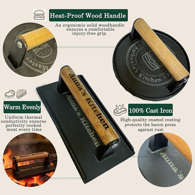 Personalized Cast Iron Burger Press Custom Engraved BBQ Tools Heat-Resistant Grill Tool Set for Outdoor Cooking, Camping, Father's Day Gifts