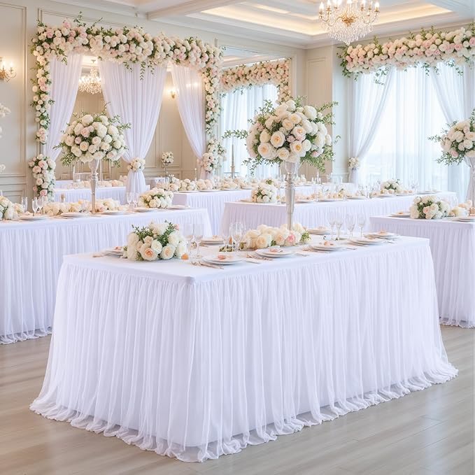 Suppromo White Tulle Tablecloth for 4 Foot Rectangular Tables 48 x 24 Inch White Rectangle Table Cloth 4ft Wrinkle Free Table Cover with Tutu Skirt for Wedding Birthday Party Banquet Tablecover