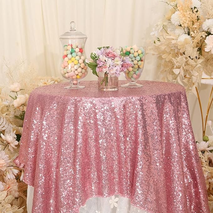 Eternal Beauty Fuchsia Pink Tablecloth, 50x50 Inch Sequin Square Table Cover for Valentines Cake Dessert Exhibition Party Birthday Events
