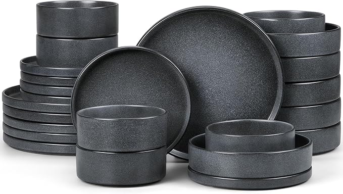 E-far Dinnerware Sets with Pasta Bowls, 24-Piece Stoneware Plates and Bowls Sets for 6 | Microwave & Dishwasher Safe Kitchen Modern Dish Set, Deep Gray
