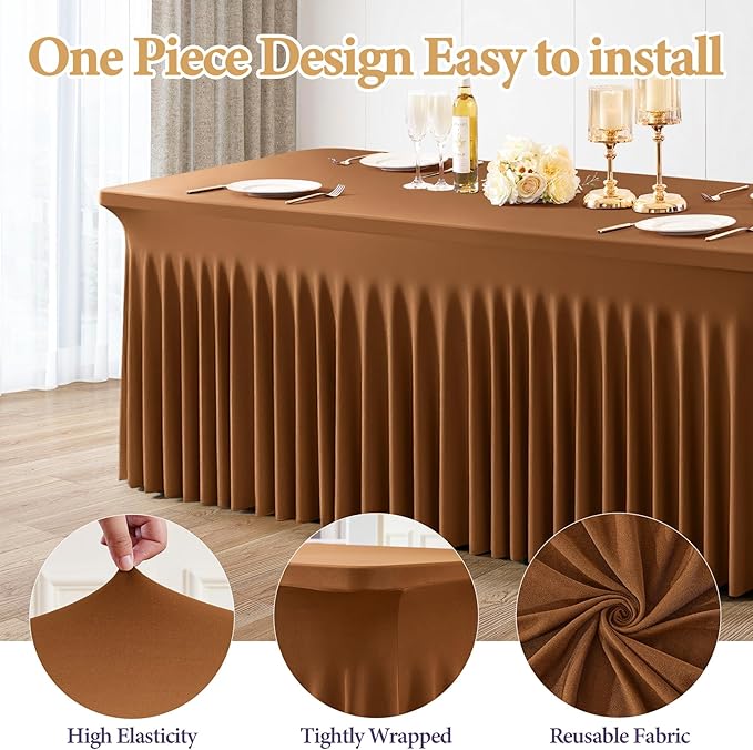 2 Packs Brown Spandex Tableclothes for 8 Foot Rectangle Table, Spandex Table Covers 8FT Stretch Table Skirts Wrinkle Free Fitted Table Cloth for Event, Wedding, Banquet & Parties