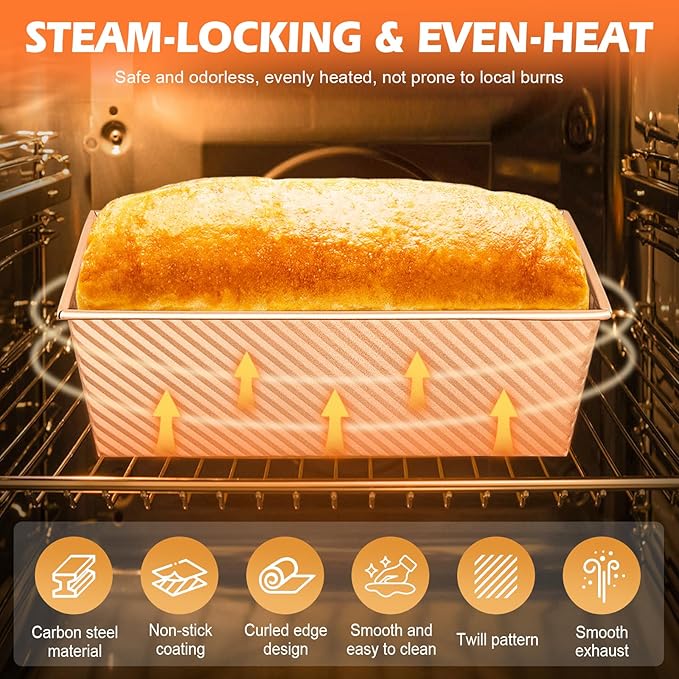 2Pack Bread Loaf Pan with Lids – 1 LB Dough Capacity, Non-Stick Carbon Steel Pullman Loaf Pan for Homemade Sandwich and Sourdough Bread, Corrugated Toast Mold Gold