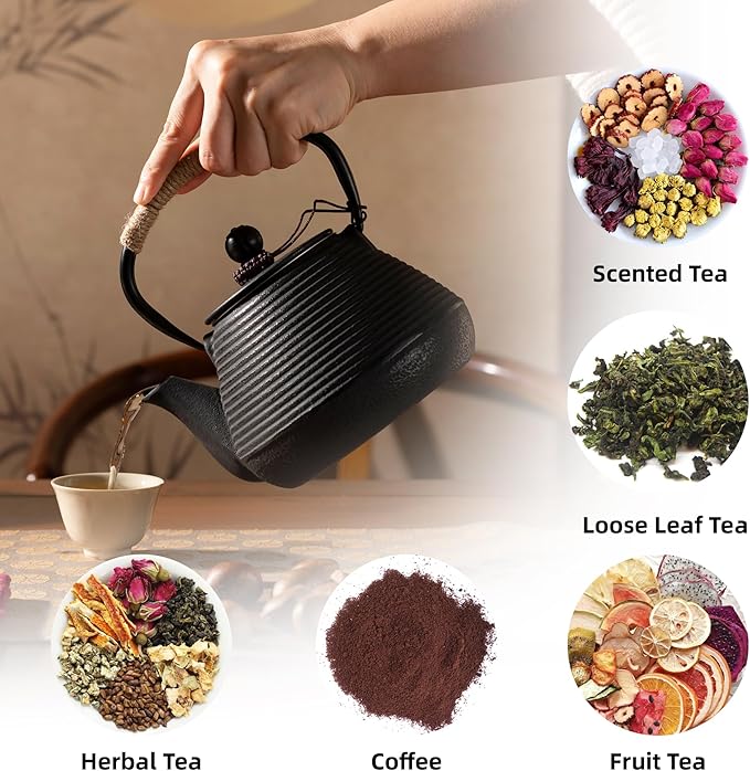 Cast Iron Teapot, 35oz Tea Kettle Stovetop Safe with Infuser for Loose Leaf, Japanese Tea Pot Coated with Enameled Interior, 1000ml Black