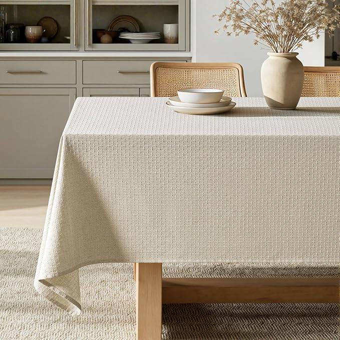 MIULEE Natural Beige Linen Cotton Table Cloth Rectangle Tablecloth Spring Waterproof Spillproof Cross-Star Textured Table Cltoth Decorative Farmhouse Style for Dining Party Weddings 60x120 Inch
