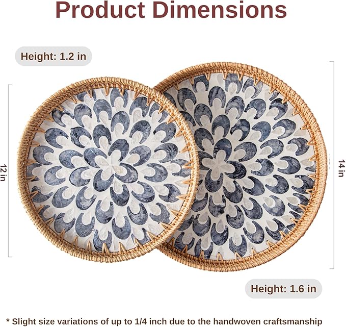 14 inch Round Rattan Tray Home Decor, Wicker Serving Tray with Mother of Pearl Inlay, Boho Decorative Tray for Coffee Table, Ottoman, Kitchen Table, Bathroom (Coastal Blue)
