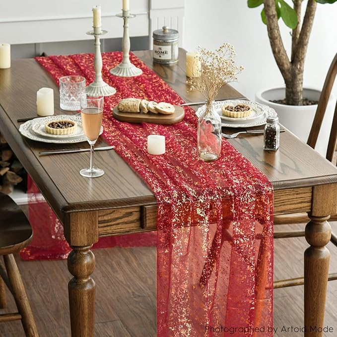 Artoid Mode Red Gold Gauze Table Runner 120 Inch 10FT, Glitter Metallic Foil Sheer Dining Wedding Anniversary Holiday Table Decor for Home Party