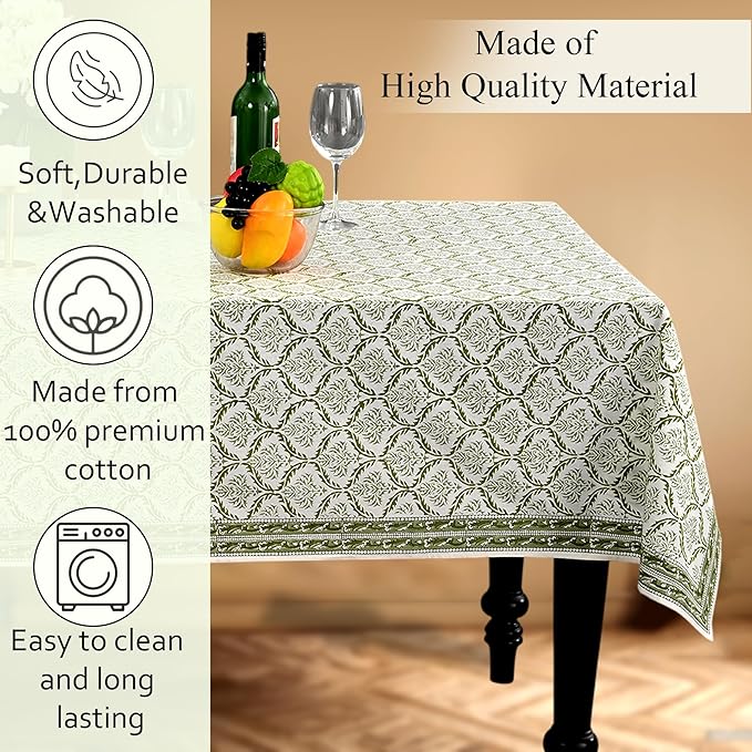 CPC Fern Regal Tablecloth 100% Cotton 70x118 Inch Indian Block Print Rectangle Table Cover, Table Cloth for Gifting in Weddings, Halloween, Fall, Christmas, Thanksgiving