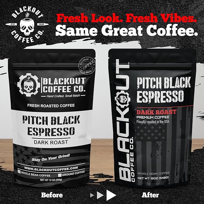 Blackout Coffee Pitch Black Espresso Whole Bean Coffee – Extra Dark Roast, European-Style, Powerfully Bold – Freshly Roasted 12oz Bag.