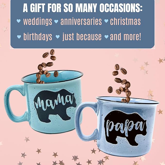 Mama and Papa Bear 15 oz Coffee Mug for Mom, Mother, Wife and Dad - Cute Coffee Cups for Women - Unique Fun Gifts for Her, Mother's Day, Christmas (Mama Bear Teal and Papa Bear Light Blue Gift Set)