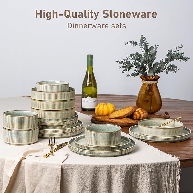 GBHOME 12-Piece Stoneware Dinnerware Set for 4 – Ribbed Ceramic Plates and Bowls, Scratch-Resistant, Microwave & Dishwasher Safe, Reactive Glaze, Desert Sage