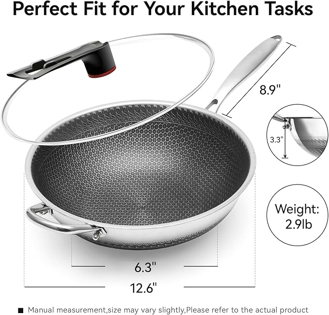 WANGYUANJI Upgraded Coating-Free 12.6" Stainless Steel Wok with Lid – Enhanced Multi-Layer Steel, Flat-Bottom Stir-Fry Pan, Honeycomb Surface, Induction & Oven Safe