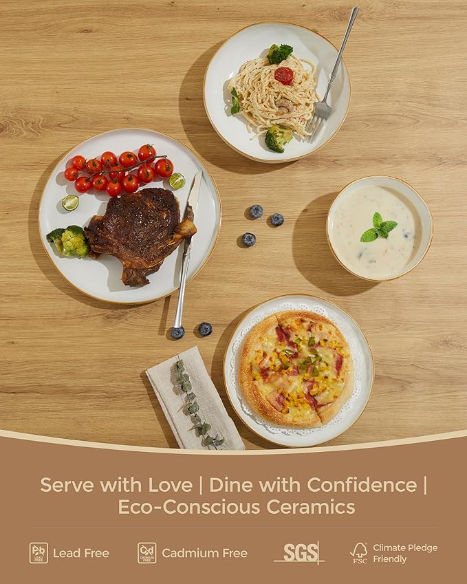 24 Pieces Dinnerware Set for 6 with Pasta Bowls, Complete Ceramic Dish Set, Stackable & Glossy Stoneware Plate and Bowl Set for Effortless Everyday Hosting, White